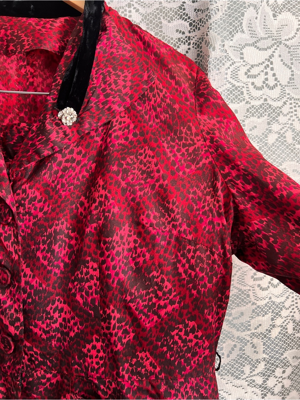 Vintage Red Satin Skirt Set with Black Velvet Collar - Picture 2 of 11